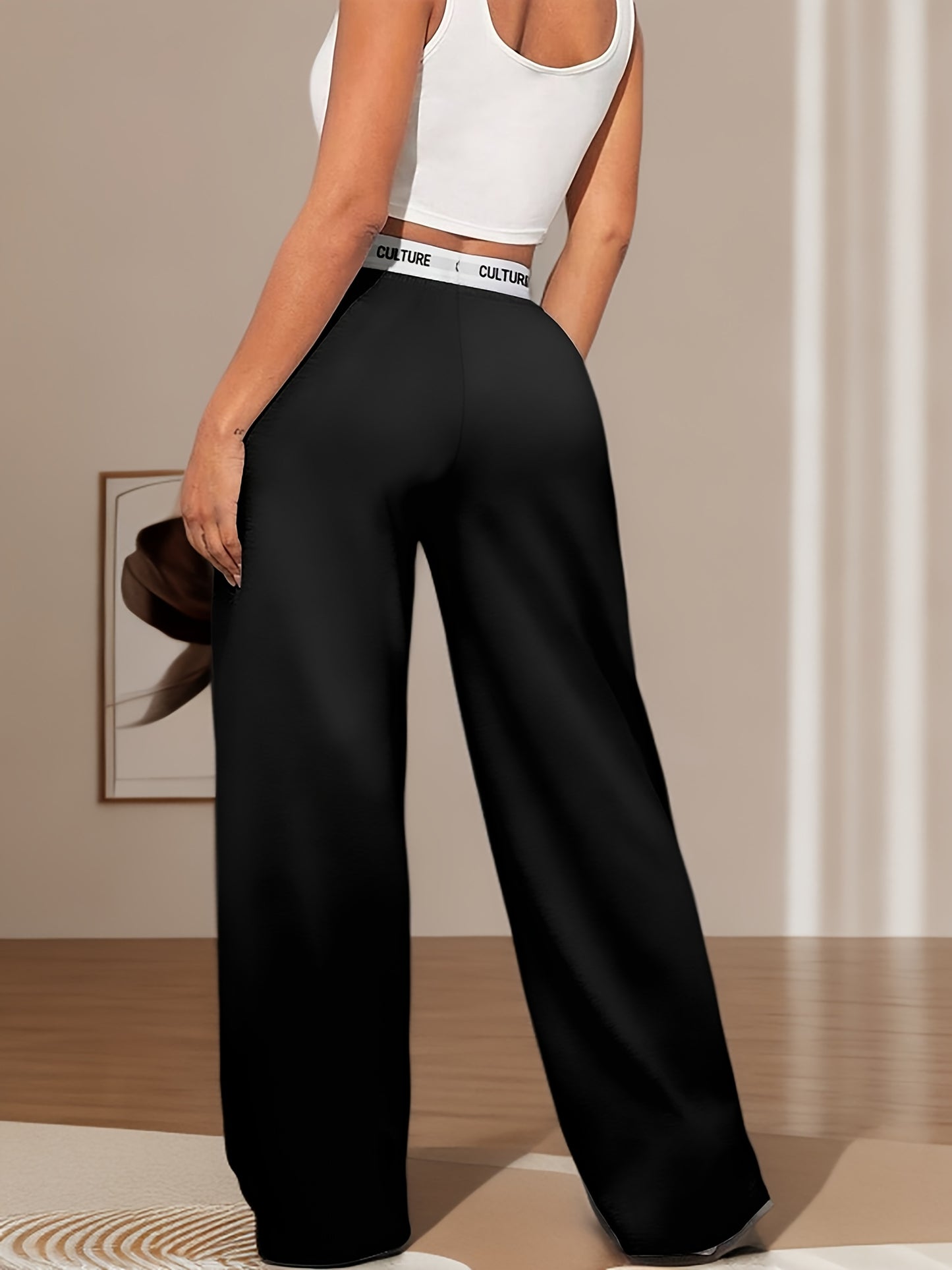 2pcs Women'S High-Waisted Wide-Leg Pants with Heart Letter Print - Casual Loose-Fit Joggers, Solid Color, All-Season Comfort, Pockets, Versatile for Casual Attire