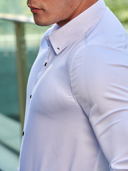 Camisa de homem de manga comprida, corte slim, cor sólida, tecido elástico de secagem rápida e fecho de botões. Ideal para atividades físicas na primavera e no outono.