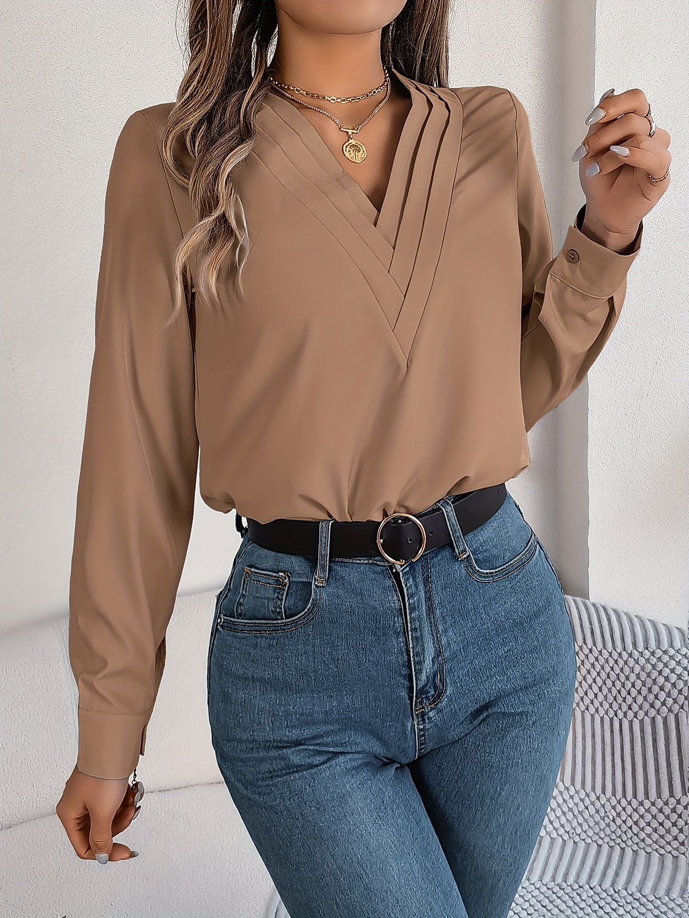 Women'S Elegant V-Neck Long Sleeve Shirt, Solid Color Polyester Blouse with Triple V-Cut, 95% Polyester 5% Elastane, Woven Fabric, 120g/m², for Spring/Summer/Fall - Adult