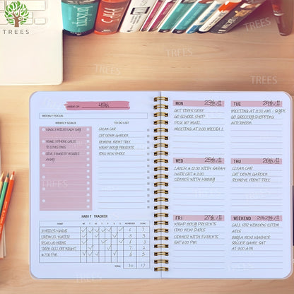 1pc Trees Spiral Undated A5 Daily Weekly Notebook Planner Agenda, Stationery Office School Supplies, Record Daily Plans To Achieve Future Goals, 21.08*13.97 Cm, 52 Sheets