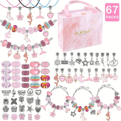 67-Piece DIY Charm Bracelet Bead Kit with Unicorn Mermaid Crafts, Includes 60 Charms, 3 Bracelets, and 3 Necklace Strands, Suitable for Birthday, Christmas, New Year's, Valentine's Day Gifts