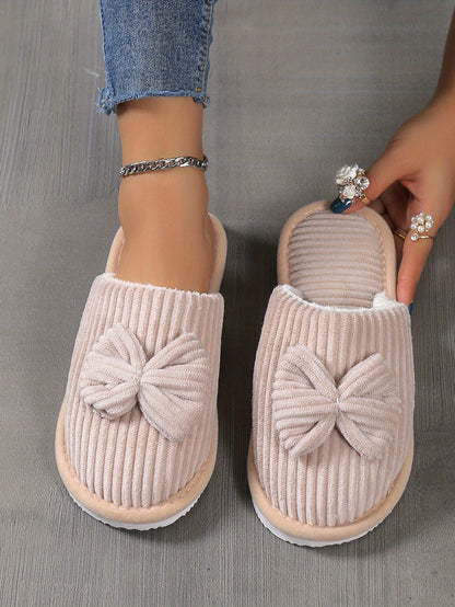 Cute Bowknot Soft Sole Fuzzy Slippers, Winter Cozy &amp; Warm Slip On Plush Shoes, Comfy Closed Toe Home Slippers