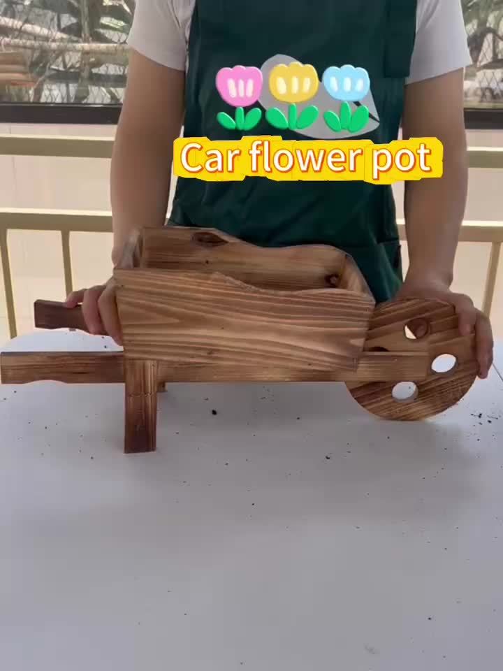 1pc, Flower Pot Wooden Cart Flower Pot Wheelbarrow Planter Wooden Wagon Planter Outdoor Garden Plant Planter Wheelbarrow Decoration Succulent Flower Pot