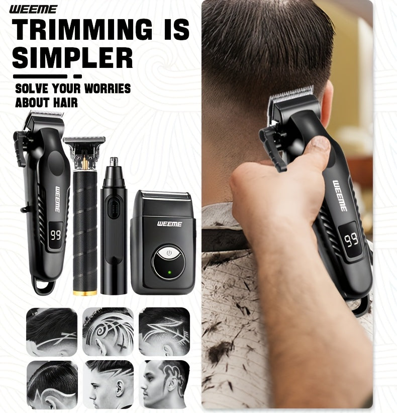 WEEME 4pcs Men's facial grooming set, household electric hair clipper set USB fast-charging electric hair clipper + T-trimmer + razor + nose hair clipper Haircutting, shaving, nose hair t* Car travel home Father's Day/Birthda