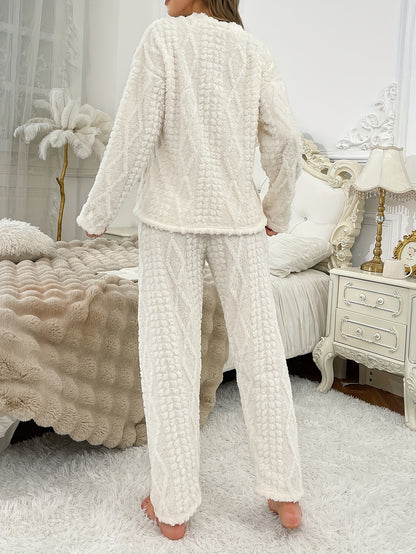 Autumn and Winter Plush Pajamas for Women - Thickened Coral Velvet Long Sleeve Top with Round Neck, Pants Set, Cute Bear Embroidery Cartoon Warm Suit, Comfortable Casual Outfit