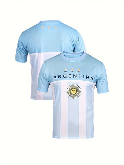 Men's Letter ARGENTINA Print Breathable Football Jersey, Active Slightly Stretch Crew Neck Short Sleeve Soccer Club Uniform Shirt For Training Competition Party
