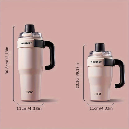 800ml/1200ml Large Capacity Ceramic Coating Liner Stainless Steel Cup Vacuum Keep Warm Cold Mug Cup with Straw Lid Handle for Coffee Coke Carbonated Beverages Ice Leakproof for School Office Outdoor Yoga sports, Travel Coffee
