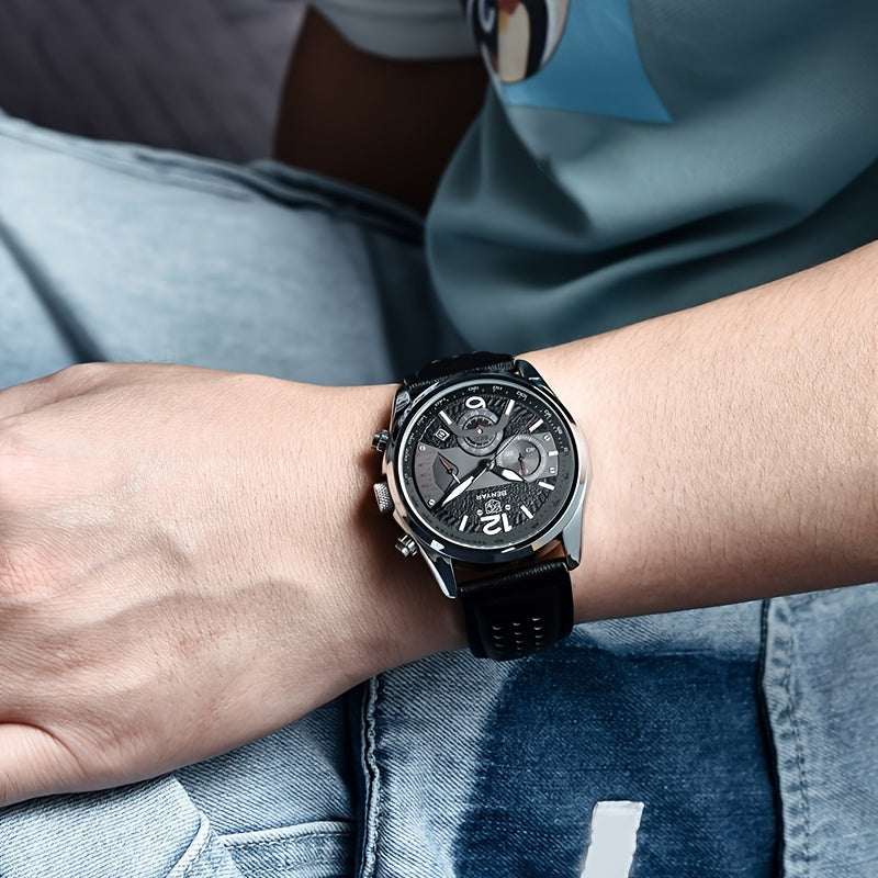 BENYAR Men's Quartz Chronograph Watch with Faux Leather Strap, 30m Waterproof, Fashionable Sport and Business Design, Elegant Gift for Men, Multifunctional, Calendar