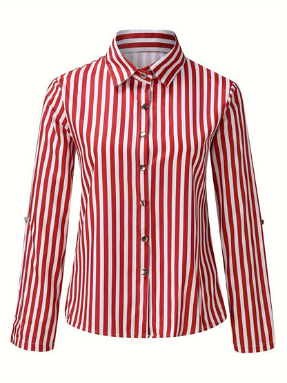 Striped Print Button Front Shirt, Elegant Long Sleeve Business Work Shirt With A Collar, Women's Clothing