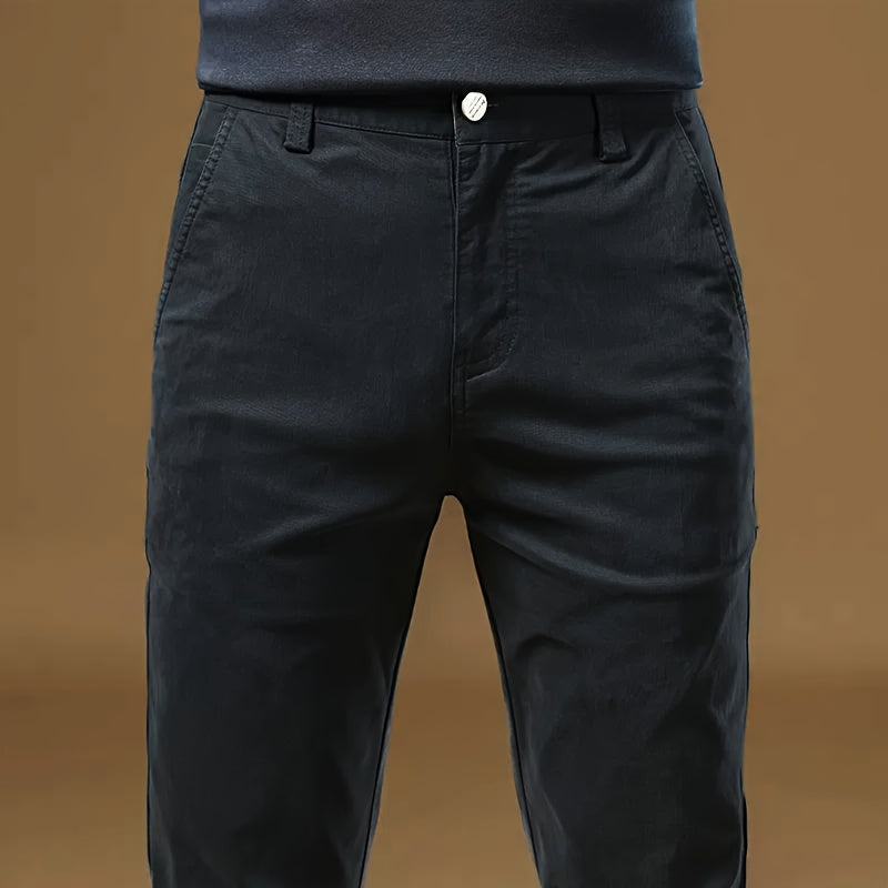 Men's Solid Navy Blue Straight-Leg Dress Pants - All-Season Full-Length Formal & Business Casual Trousers with Zipper Closure, Machine Washable, Durable Comfort Fit for Office, Semi-Formal & Casual Attire - Versatile Solid Co