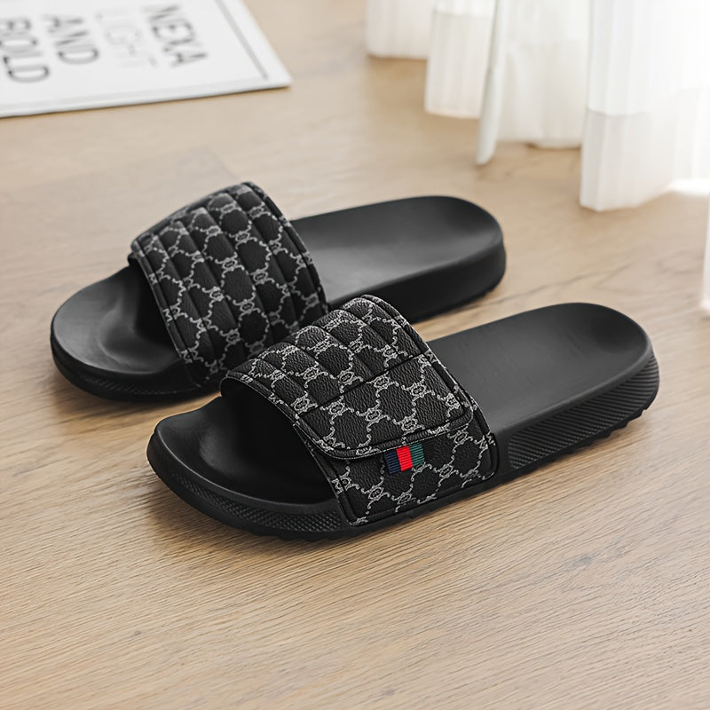 Men's Luxury Slip-On Slippers - Thick Cushioned EVA Sole & Soft PU Upper with Striped Pattern, All-Season Indoor/Outdoor House Shoes for Men, Comfortable Casual & Party Footwear (Black/White, Beige/Brown) - Unisex-Friendly De