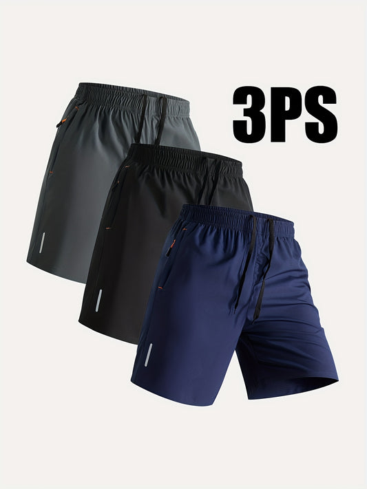 Three-Pack Men's Athletic Casual Shorts, Gym Preferred Solid Color Breathable Quick-Dry Sports Style with Zipper Pockets and Waist Drawstring, Suitable for Outdoor Activities & Fitness Training Reflective Strip Design