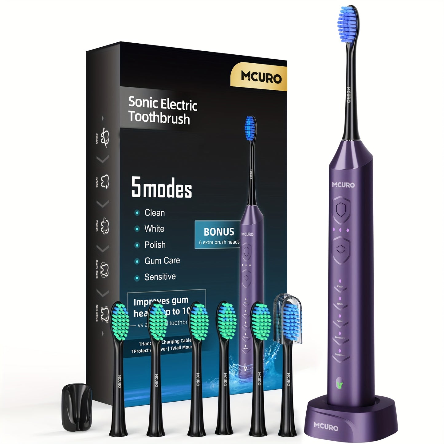Sonic Electric Toothbrush Rechargeable Electric Toothbrush, Deep Cleaning with 5 Modes, 6 Replacement Brush Heads, Equipped with USB Stand Charging, Portable, Suitable for Travel, Dormitory, Gift, Black, Pink, Blue, Gift for