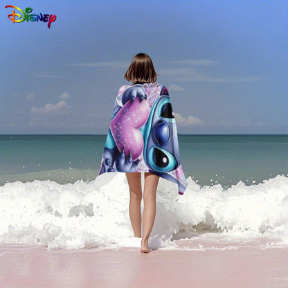 1pc Stitch Beach Towel - Large, Soft Polyester Microfiber Beach Mat with Cute Blue Alien Holding Pink Heart Design, Floral & Heart Patterns, Absorbent & Quick-Dry, Perfect for Yoga, Swimming, Travel, and More - Beach Accessor