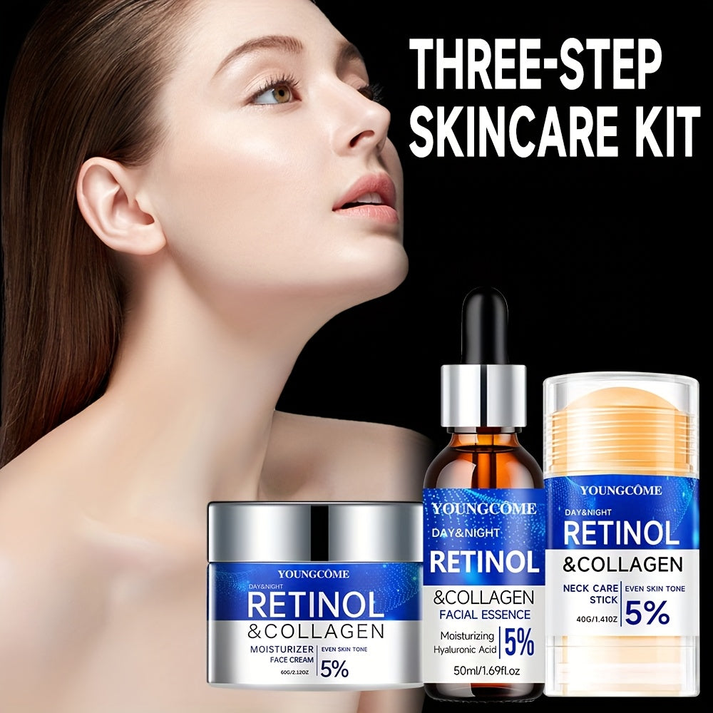 YOUNGCOME Retinol+collagen complex+hyaluronic acid Light Beige care set, powerful moisturizing face cream and firming essence, three piece neck care stick, alcohol free, suitable for all Light Beige types,make Light Beige you