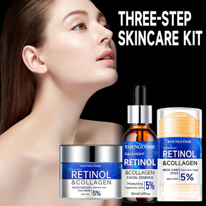 YOUNGCOME Retinol+collagen complex+hyaluronic acid Light Beige care set, powerful moisturizing face cream and firming essence, three piece neck care stick, alcohol free, suitable for all Light Beige types,make Light Beige you