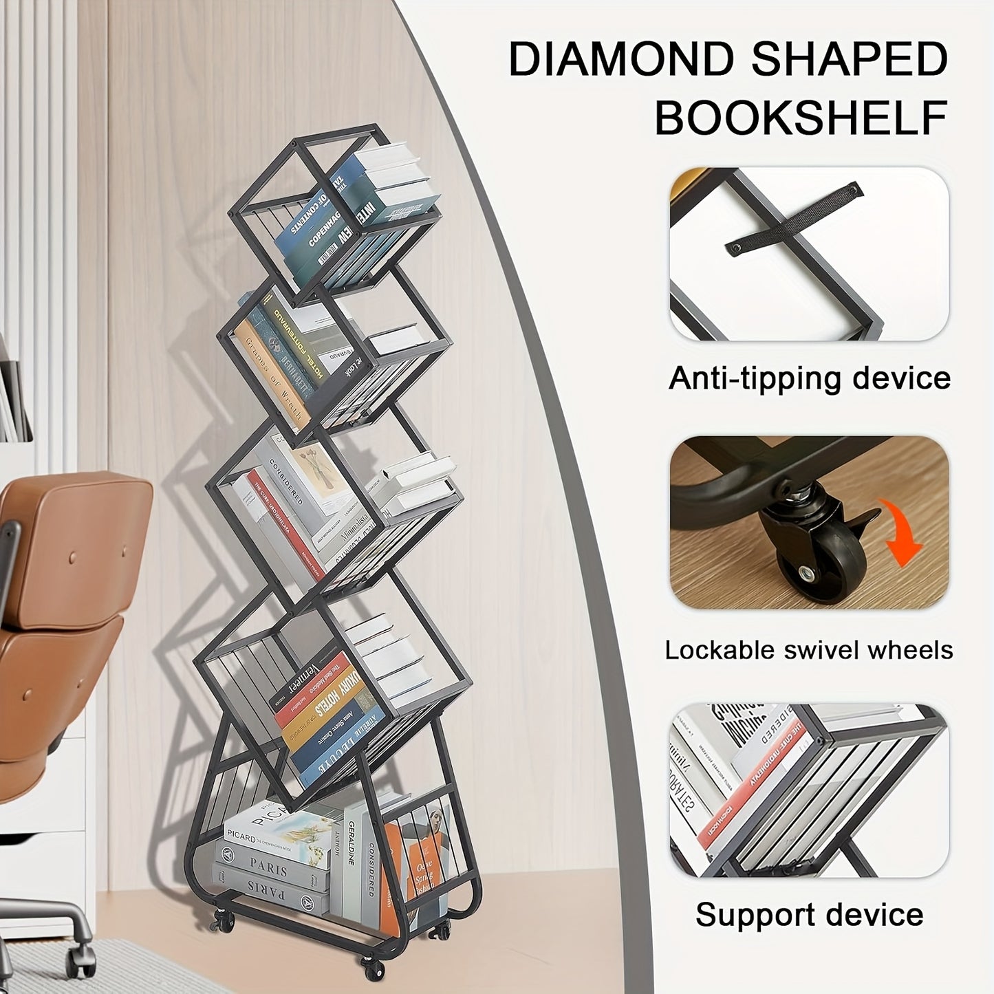 5-Tier Rotating Bookshelf with Wheels - Heavy-Duty Modern Minimalist Bookcase, 360° Swivel Shelf, Space-Saving Storage Organizer for Home Office, Living Room, Bedroom - Easy-Move Casters (Black), Bookshelf Decorations, Versa