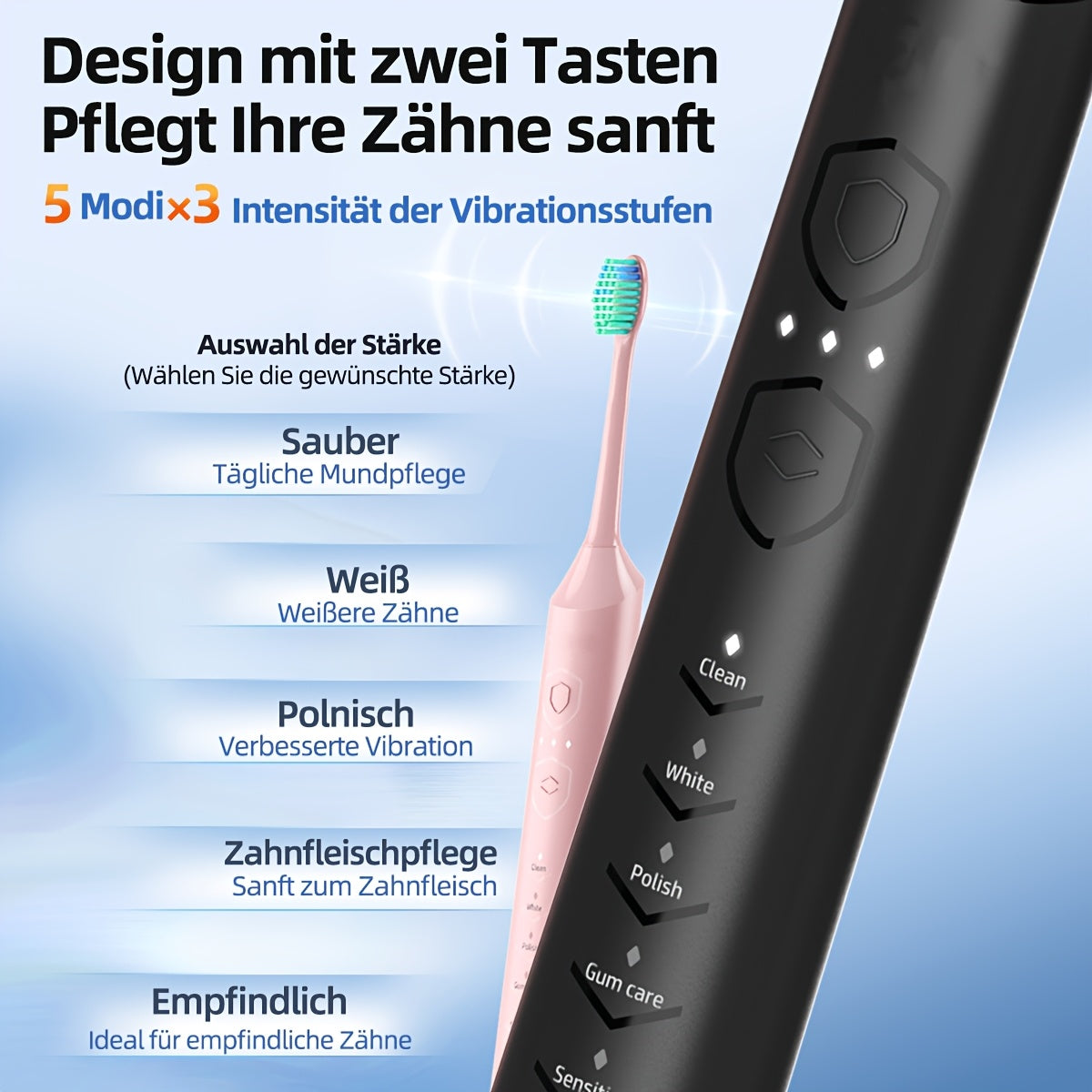 Sonic Electric Toothbrush Rechargeable Electric Toothbrush, Deep Cleaning with 5 Modes, 6 Replacement Brush Heads, Equipped with USB Stand Charging, Portable, Suitable for Travel, Dormitory, Gift, Black, Pink, Blue, Gift for