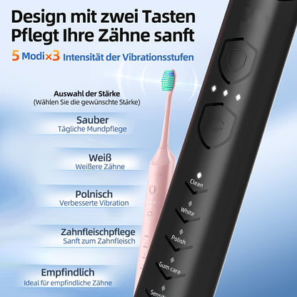 Sonic Electric Toothbrush Rechargeable Electric Toothbrush, Deep Cleaning with 5 Modes, 6 Replacement Brush Heads, Equipped with USB Stand Charging, Portable, Suitable for Travel, Dormitory, Gift, Black, Pink, Blue, Gift for