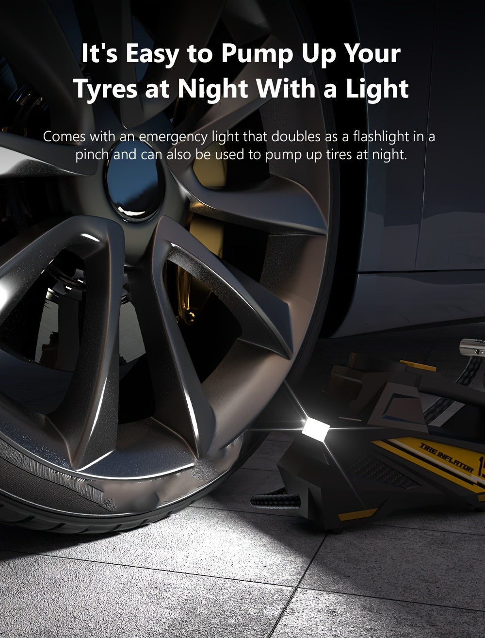 Inflador de pneus digital CaRSun, bomba de ar portátil com luz LED para automóveis, motos e bicicletas - DC 12V, 150 PSI, design preto e amarelo, alimentação por ficha, sem necessidade de bateria, insuflador de pneus de bicicleta | Porta elegante