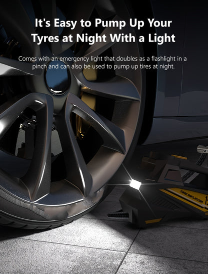 Inflador de pneus digital CaRSun, bomba de ar portátil com luz LED para automóveis, motos e bicicletas - DC 12V, 150 PSI, design preto e amarelo, alimentação por ficha, sem necessidade de bateria, insuflador de pneus de bicicleta | Porta elegante