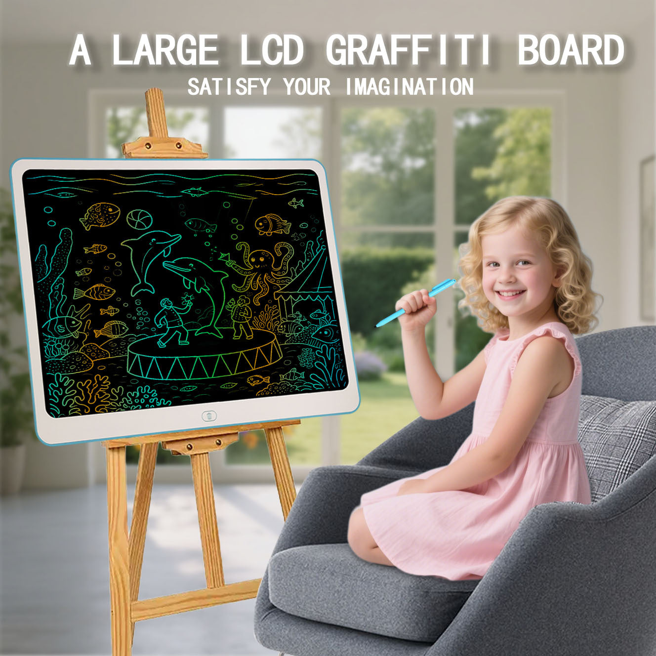 20-inch LCD Doodle Board, Writing Tablet, Drawing Board. Suitable for doodling, sketching, drawing, and designing. Features one-touch lock and one-touch erase functions.
