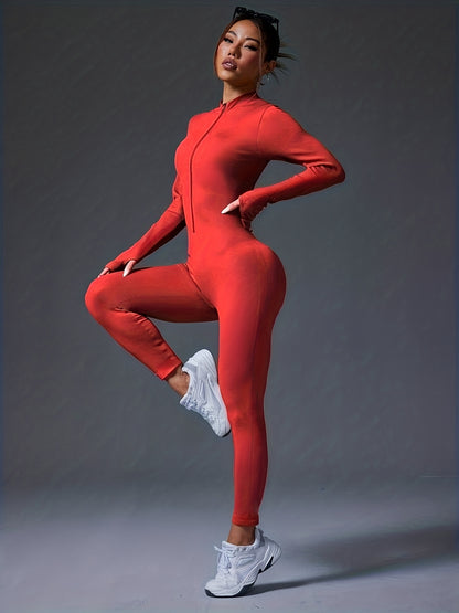 Women's Full-Length Zipper Jumpsuit - Full-Body Compression-like Fit (Tummy Control) - High-Elasticity Slim-Fit Long Sleeve Athleisure Suit for,, Dance - All-Season Outfit ( swear) - Easy-Care (No Bulk) -