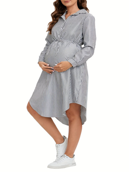 Elegant Striped Maternity Dress with Belt - Long Sleeve, Knee-Length Shirt Style for Women, Machine Washable, Loose, Collar