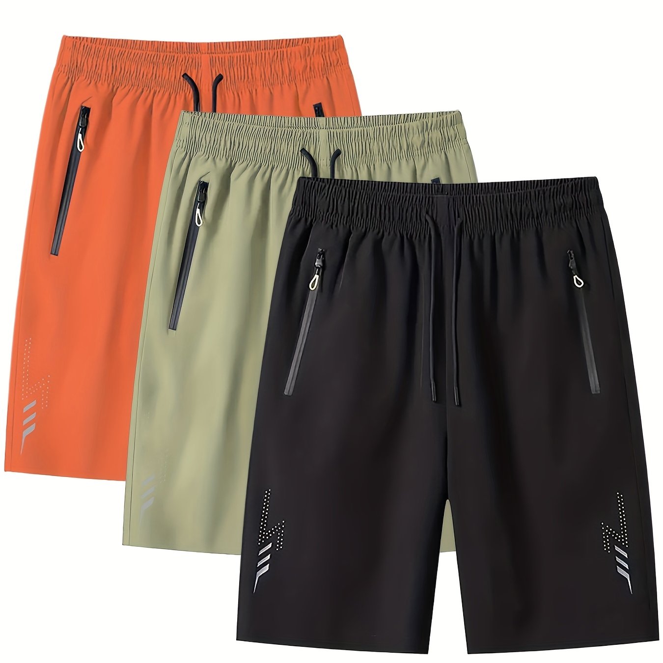 3pcs Men's Lightweight Quick-Dry Athletic Running Shorts - Loose Fit Plus Size, Zipper Pocket &amp; Elastic Waistband, Polyester/Elastane Blend Swim Shorts with White &amp; Black Design for Gym, Beach, Jogging - Summer Workout Swim T