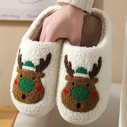 Pantufas felpudas com estampado de árvore de Natal, chinelos de inverno fechados e quentinhos para usar em casa, pantufas aconchegantes de sola macia e felpuda.
