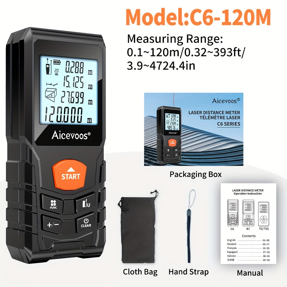 AICEVOOS High Precision Digital Laser Distance Meter, 50-120m Range, Battery-Powered, Rubber Casing, Electronic Measuring Tape for Industrial Measurement, Measurement Tool|Digital Distance Meter|Rubber Casing Tape