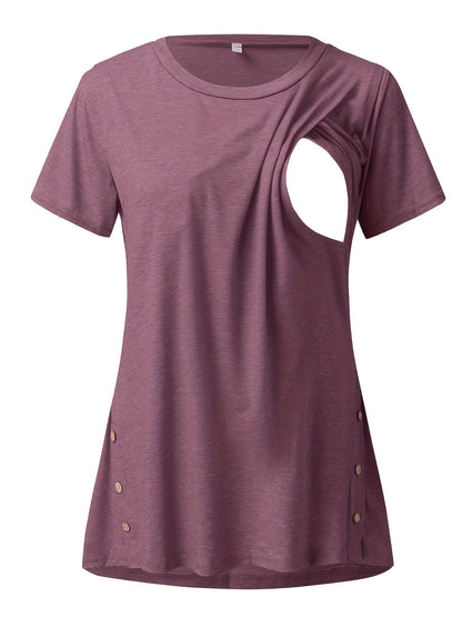 Women's Maternity Nursing T-shirt, Casual Mid Stretch Breathable Breastfeeding Pregnancy Top For Outdoor