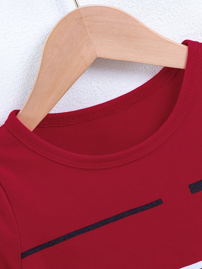 2pcs Set of Boys' Summer Striped Print Round Neck Short Sleeve T-shirt and Casual Shorts