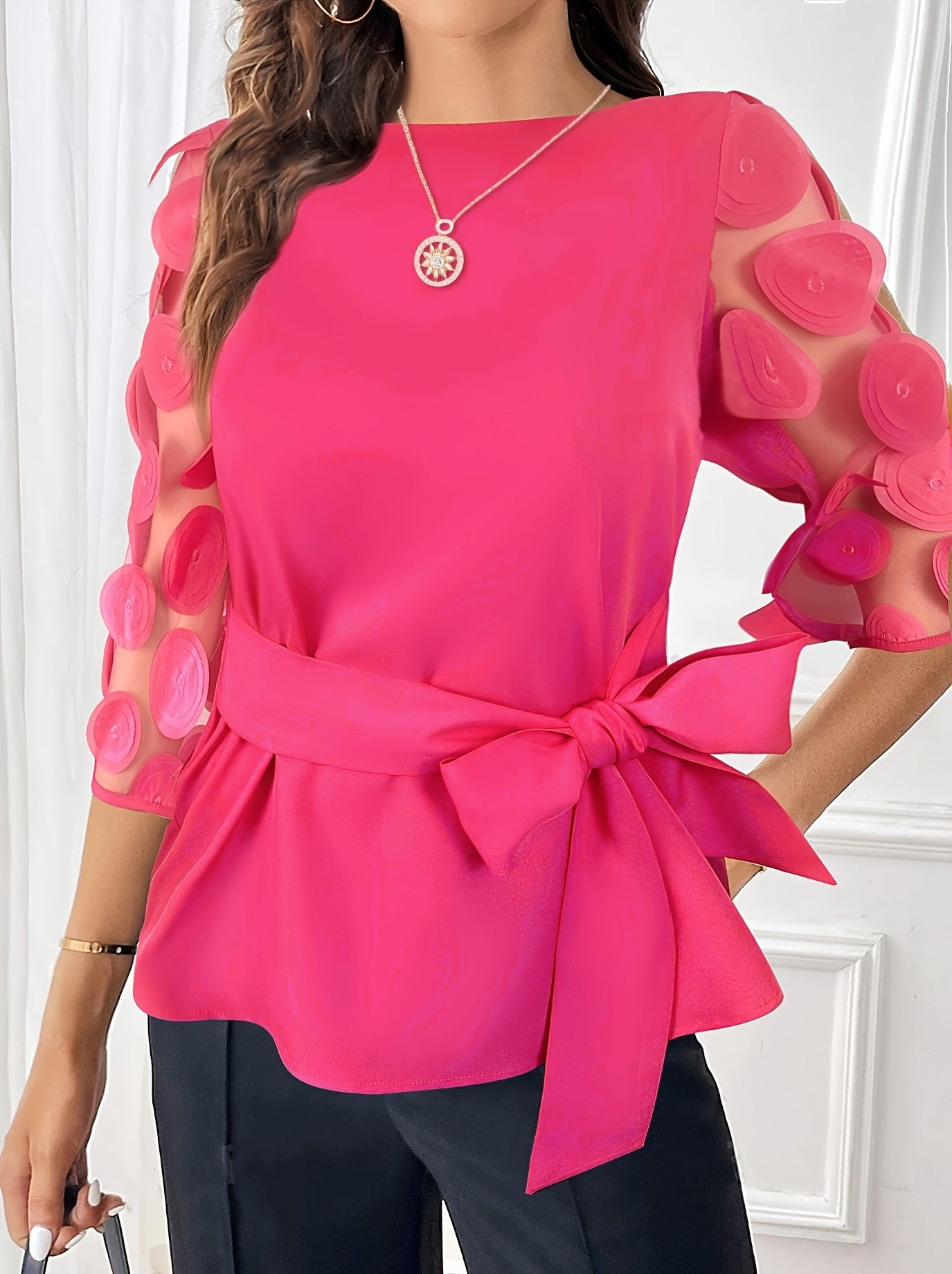 Elegant Off-Shoulder Blouse with Sheer Mesh Panel &amp; Tie-Waist Detail - Chic Solid Color, Half-Sleeve Design, Machine Washable - Perfect for Stylish Outfits