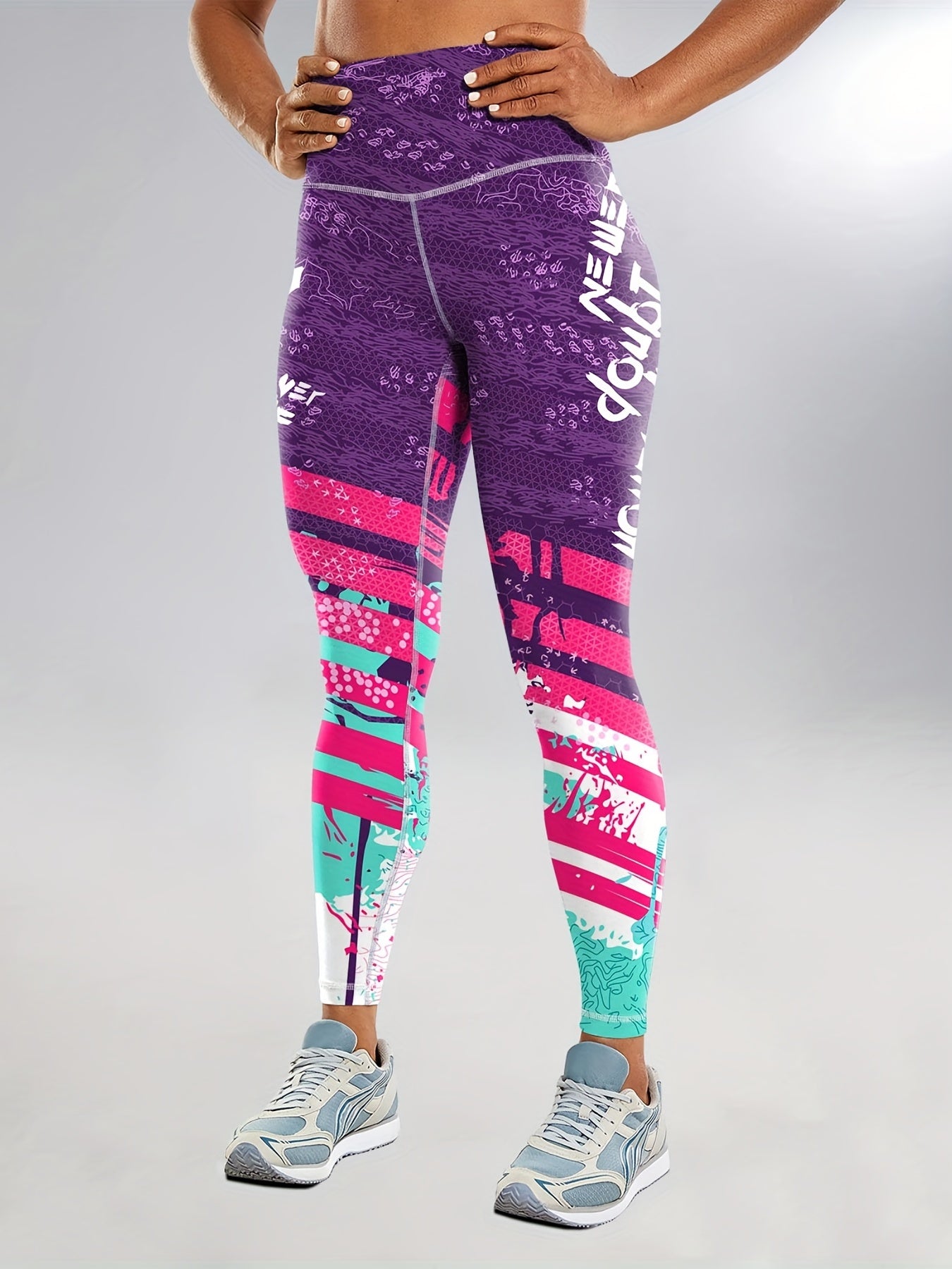 Women's Fashion Color Block Splash Print Yoga Pants, Striped Print Breathable Stretchy Butt Lifting Yoga Workout Running Sports Leggings, Women's Activewear