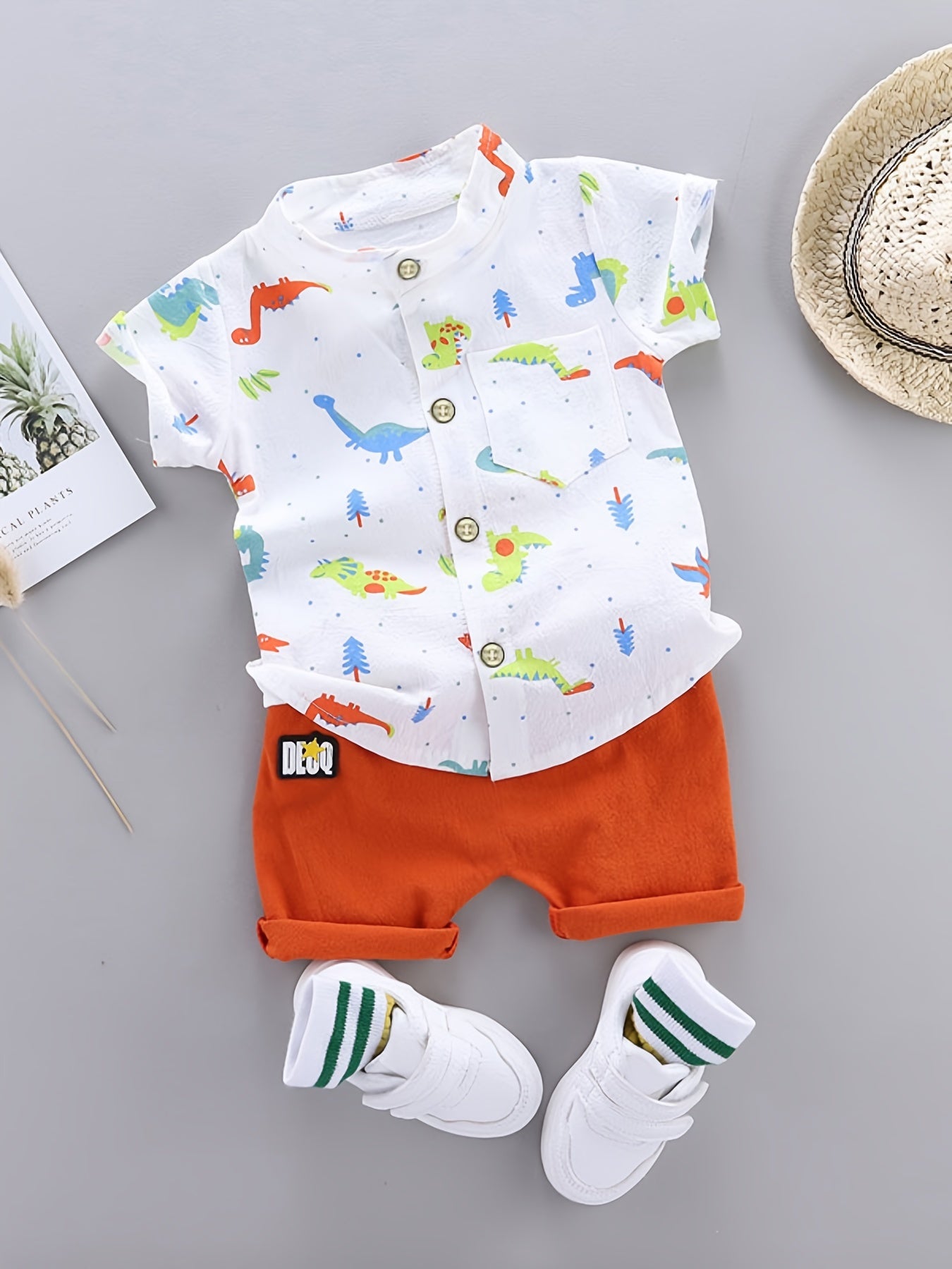 2pcs Baby Boys Dinosaur Print Button Short Sleeve Shirt Top &amp; Elastic Waist Shorts Set Toddler Summer Clothes For Daily &amp; Outdoor Wear