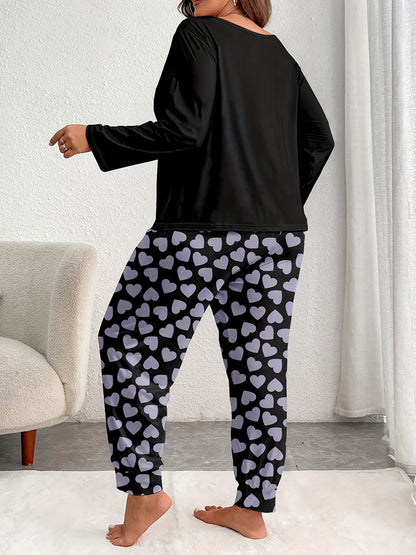 Women's Comfort Plus Size Heart Print Pajama Set - Long Sleeve and Pants, Soft Polyester Loungewear, Machine Washable, Autumn, Oversized, Heart Pattern, Long Sleeve Sleepwear Set