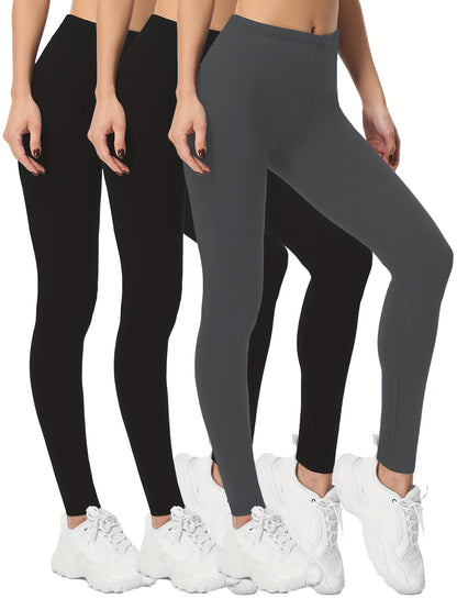 3-Pack High-Elasticity Slim-Fit 9/10 Length Pants - Solid Color Tight Waist All-Season Trousers, Machine Washable &amp; Dry Cleanable, Casual to Dressy Wear (Compatible with Skirts/Blouses) - Bulk Pack for Cost Savings &amp; Easy War