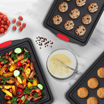 Non-stick Pan Baking Tray, with Red Silicone Handle, Kitchen Baking Plate, Heat-resistant and Non-Sticking, Home Use Baking Tray, Cake, Oven Cookie Baking, Rectangular Cookie Tray, Easy to Clean, Suitable for Cookies, Cakes a