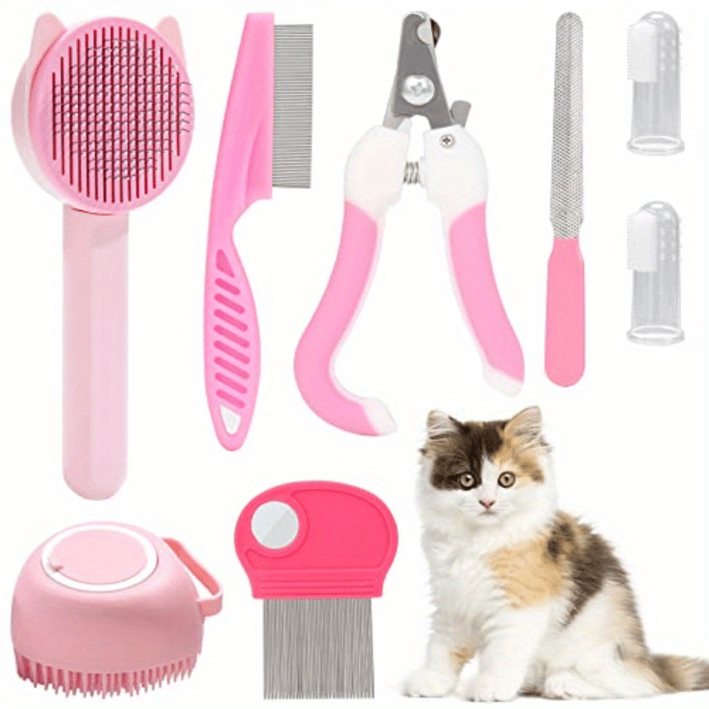 8pcs 5-in-1 Cat Grooming Kit with Self-Cleaning Brush, Nail Clippers, Comb, Shedding Brush, and Toothbrush - Keep Your Feline Friend Clean, Healthy, and Happy