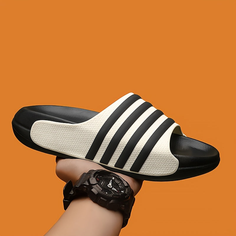 Chinelo unissexo casual às riscas, bico redondo, sola macia em EVA antiderrapante e antirriscos, ideal para caminhadas, atividades ao ar livre e uso diário.