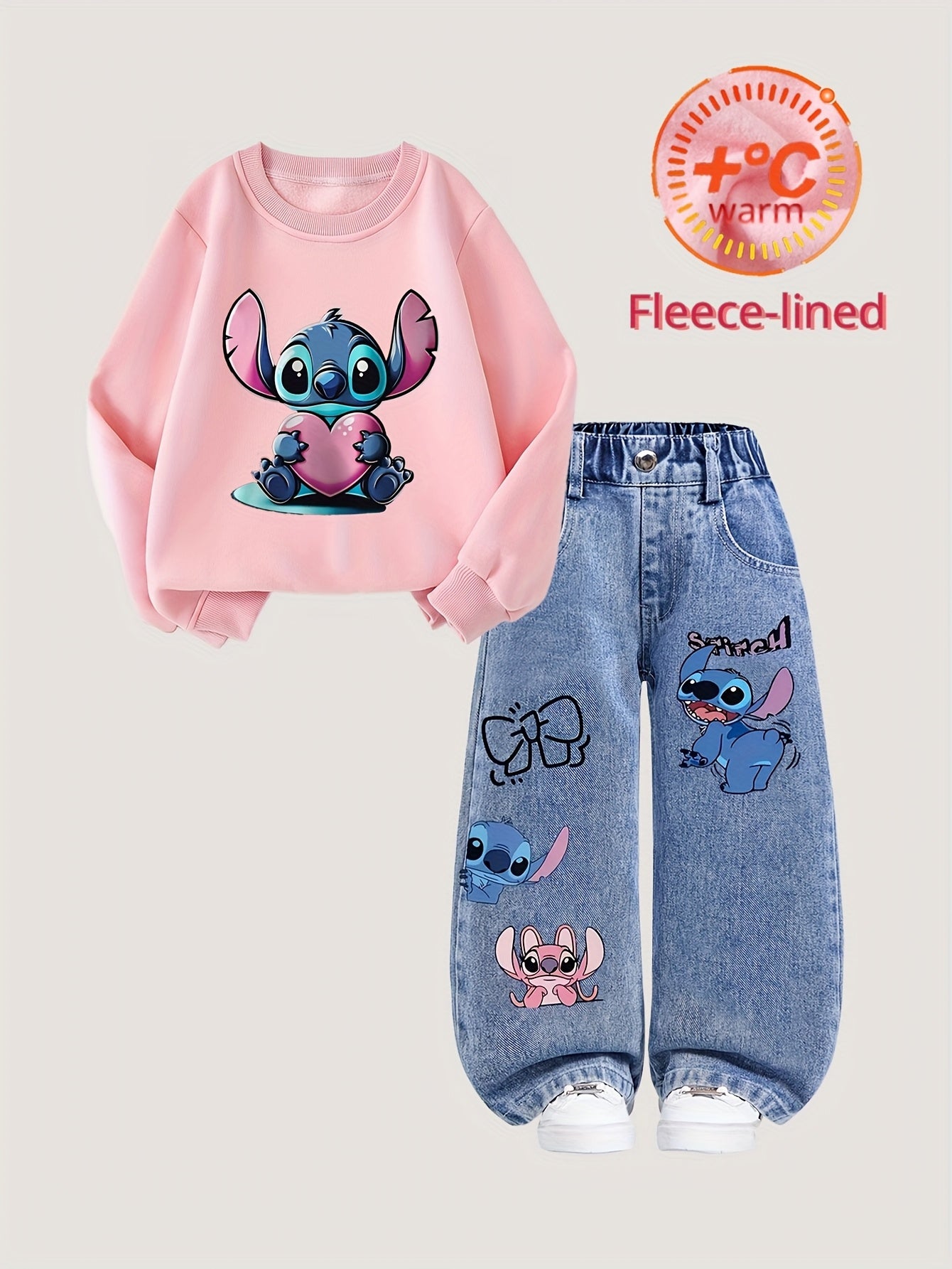 2pcs Disney Stitch Hoodie + Faux Denim Set, Fashionable Pink Sweatshirt &amp; Faux Denim Outfit for Girls, School Uniform Style, Streetwear Casual Fall/Winter Wear, Warm and Comfortable Fit, Perfect for Back-to-School Season, Ide