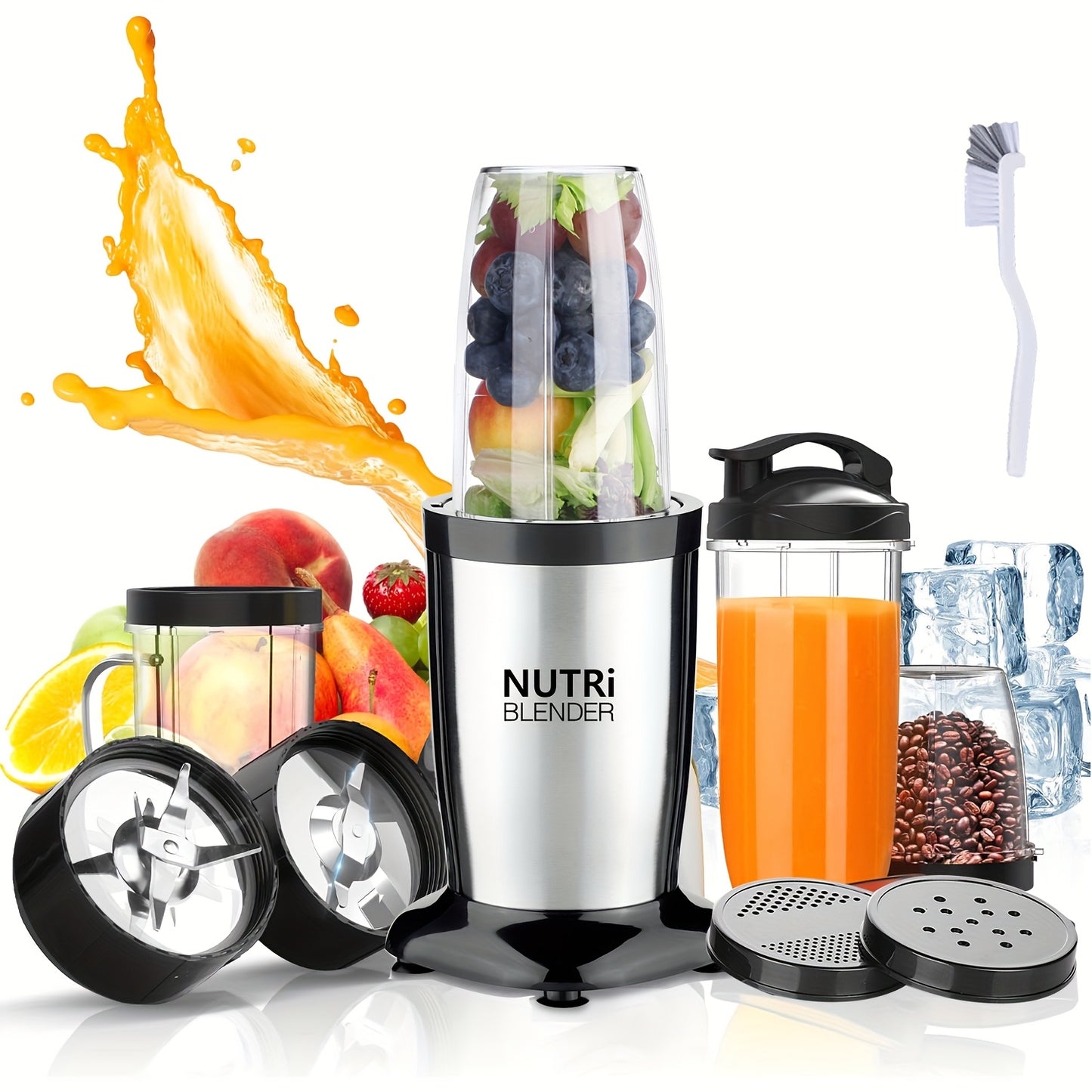 Liquidificador para Smoothies, Batidos e Smoothies, Conjunto de 15 Peças para Cozinha Pessoal com Moedor, Liquidificador Único para Preparar Sumos, Papinhas e Receitas Nutritivas com Escova de Limpeza