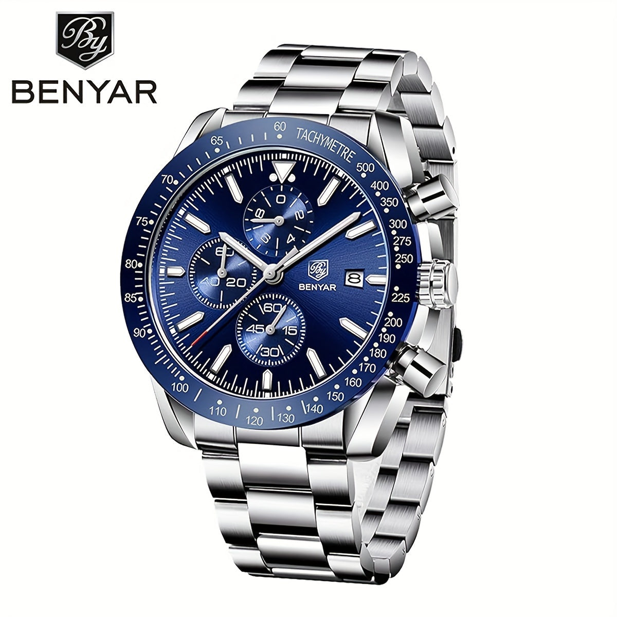BY BENYAR Men'S Quartz Chronograph Watch - Luminous, Stainless Steel, Blue Dial with Date & Stopwatch, Faux Leather Strap, Elegant Business & Casual Style, Perfect Gift for Men, Professional Chronograph | Sleek Watch Design |