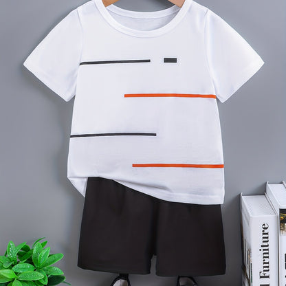 2pcs Set of Boys' Summer Striped Print Round Neck Short Sleeve T-shirt and Casual Shorts