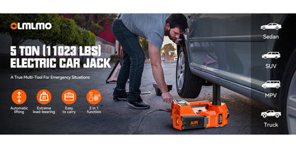 Macaco hidráulico reforçado de 12V e 5 toneladas (elevação de 15,5 a 45 cm) com compressor de ar e luz LED | Sistema de elevação sem fios para automóveis, SUV e camiões, troca de pneus e reparações em oficinas mecânicas.