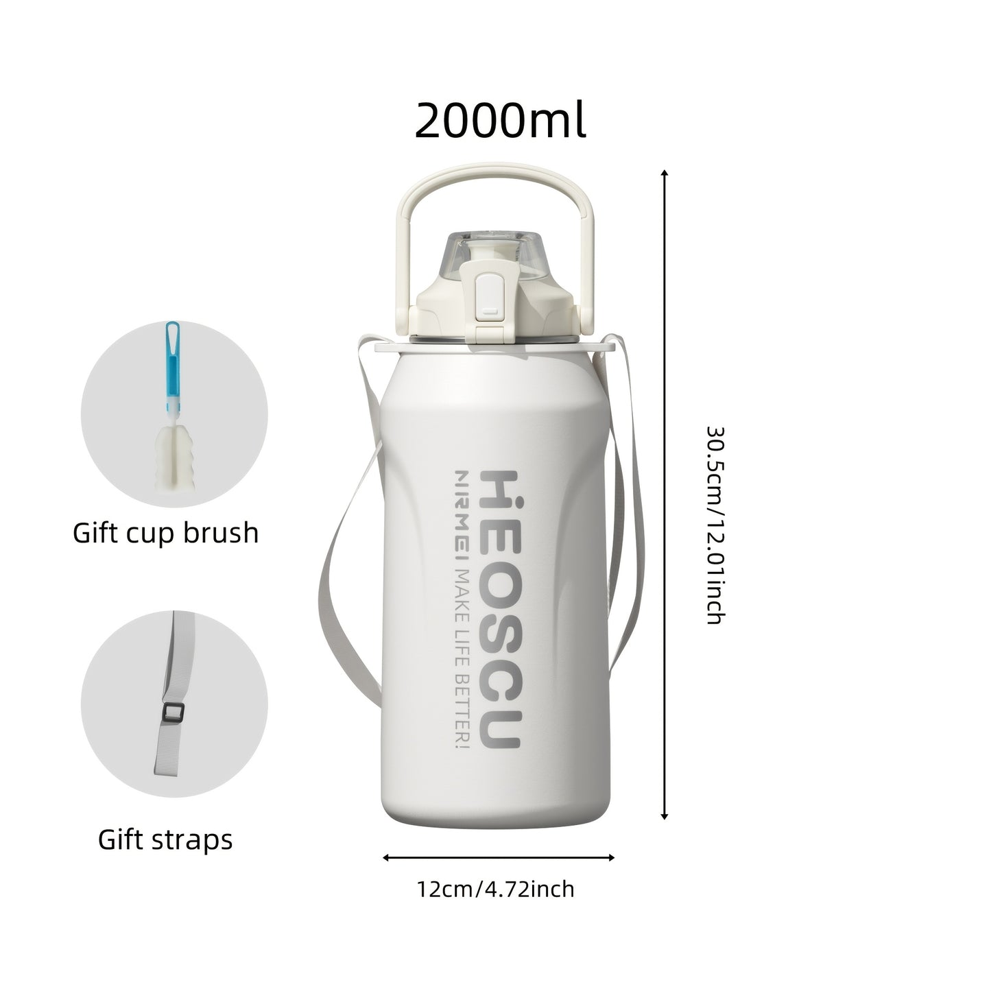 Garrafa térmica em aço inoxidável, mantém a temperatura quente ou fria durante 24 horas, com palhinha e pega/correia, caneca térmica de viagem com parede dupla, livre de BPA.