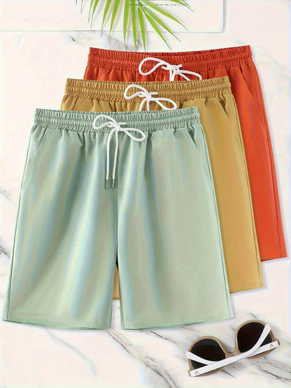3pcs Men'S Plus Size Casual Shorts Set - White with Black Spider Web Print, Drawstring Waist, Non-Stretch Fabric, Perfect for Beach or Sports, Beach Shorts | Sporty Style | Woven Texture