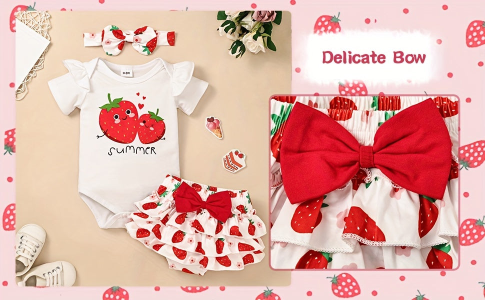 Conjunto de Roupa Infantil para Bebé Menina com Estampado de Abacate: Macacão, Calções e Fita para o Cabelo - 3 Peças - Ideal para o Verão e Atividades ao Ar Livre