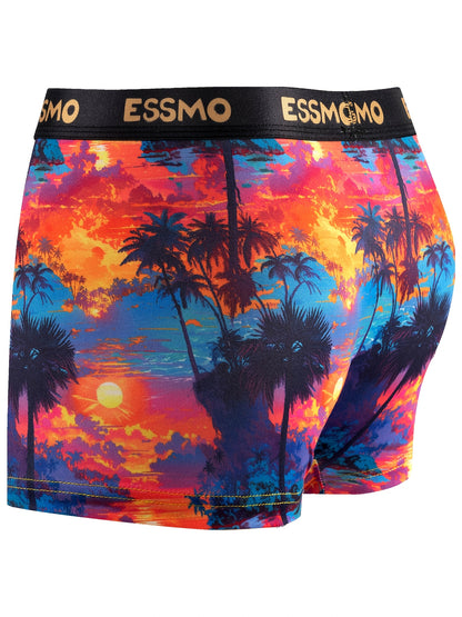 5pcs ESSMO Men'S Light Luxury Boxer Briefs - Vibrant Tropical Sunset & Palm Tree Design, Medium Stretch Fabric, Comfortable & Stylish Underwear, Relaxed Fit Boxers|Tropical Print Boxers|Stretchable Fabric
